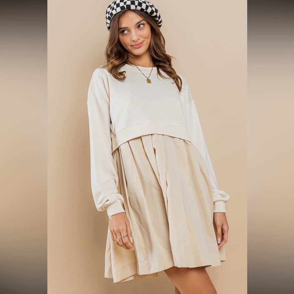 ShopEvelynne Cream and Beige Two-Tone Pleated Sweatshirt Dress